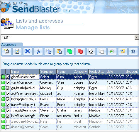 vista de la pantalla de administración de listas de email