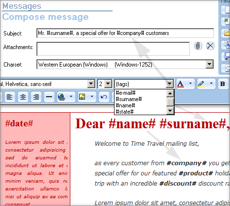 Proceso de email personalizado, colocar etiquetas dentro del texto del email